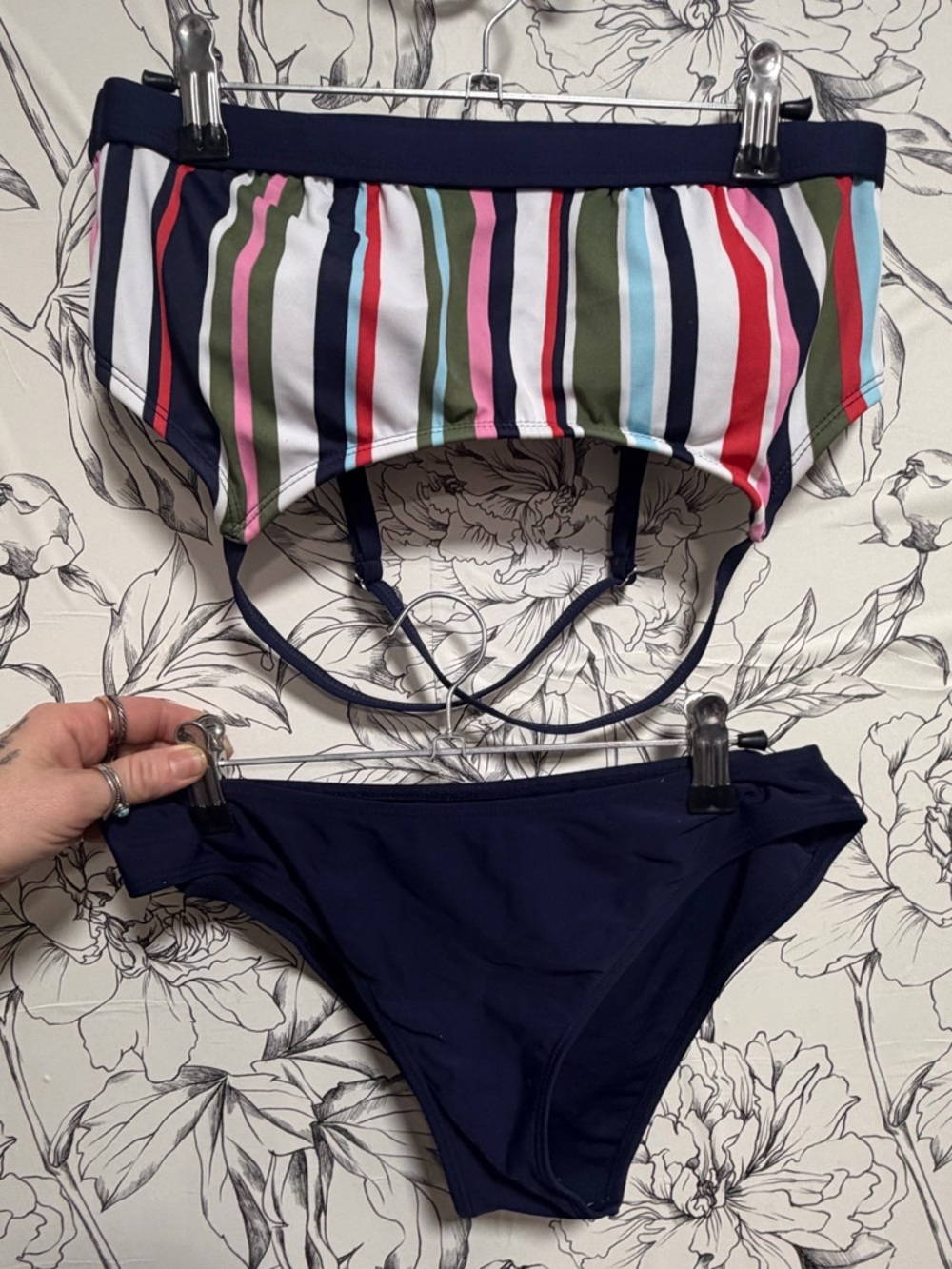 NWT Kona Sol Navy Multicolor Striped Bikini Set